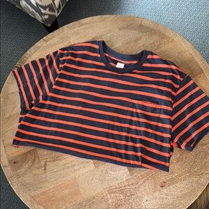J Crew navy and orange striped crew neck pocket tee